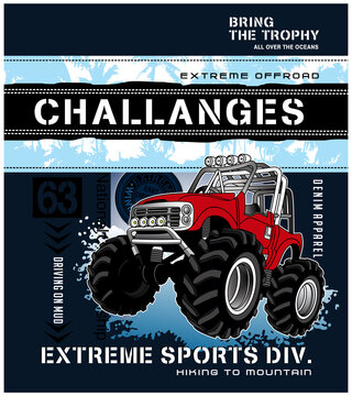 challanges extreme sport, vector cars illustration typography graphic design for print