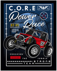 core power race in the jungle, vector cars illustration typography graphic design for print