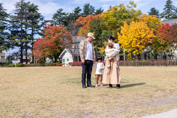 Fototapeta premium 秋の公園を散歩する家族・ファミリー 
