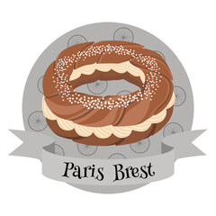French dessert Paris Brest. Colorful illustration in cartoon style.