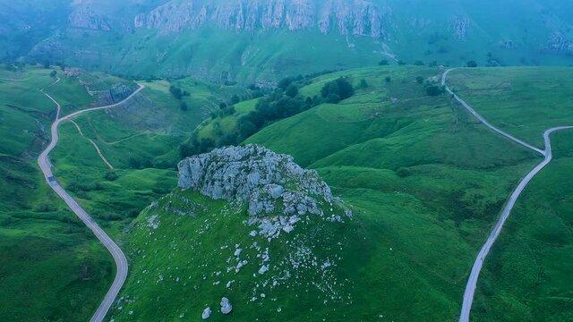 Aerial view from a drone from Alto del Caracol. Between the Miera Valley and the Pisue&ntilde;a Valley. In the background the Miera Valley. Valles Pasiegos, Cantabria, Spain, Europe