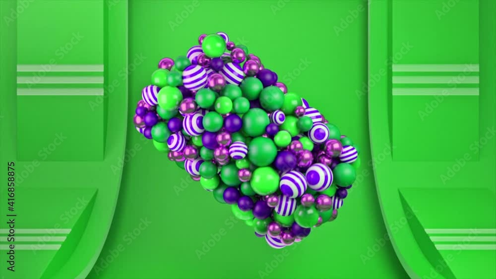 Poster abstract multicolored spheres rotating in a formed 3d figure isolated on bright green background, se
