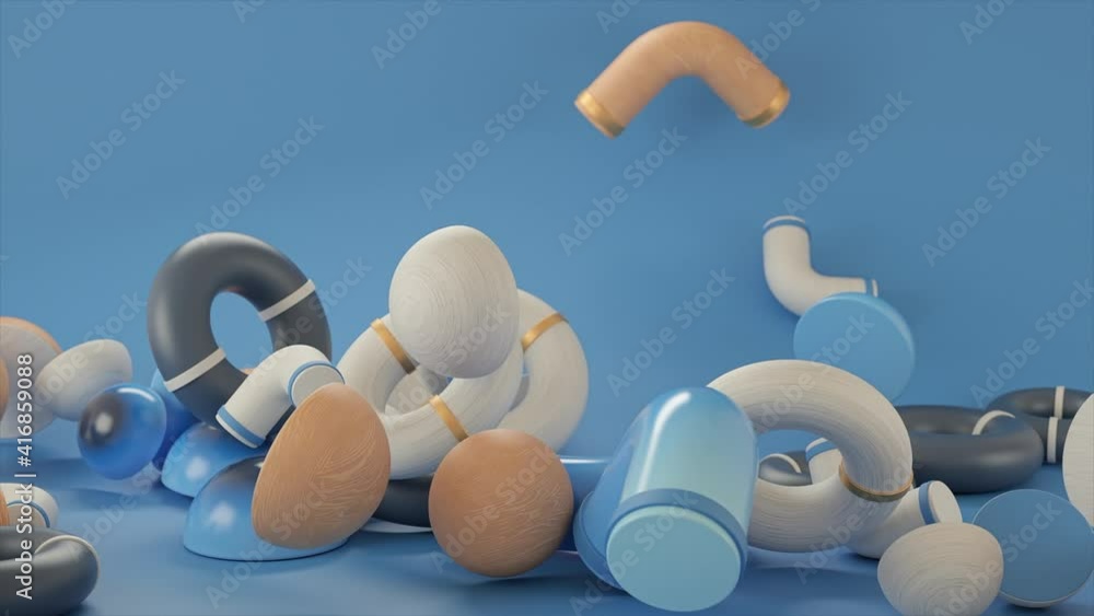 Poster abstract colorful objects falling down isolated on blue background. animation. 3d bagel shaped detai