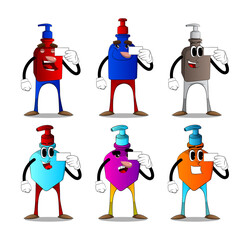 Cartoon bottle of hand sanitizer gel for hygiene with face holding blank white card mockup.