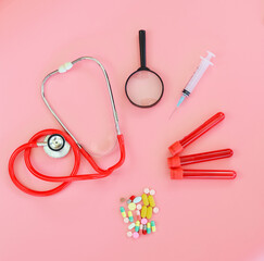 First aid kit on color background