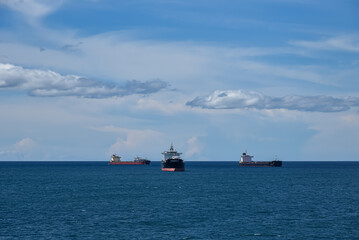 Seascape panorama view with anchored ships.