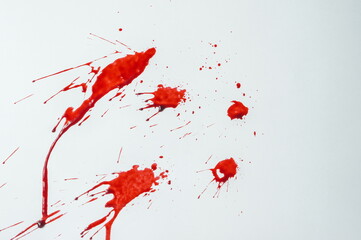 Red ink splashes on white background, stained white paper, design element