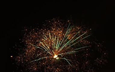 Close-up of gorgeous fireworks displaying in the night sky, black background
