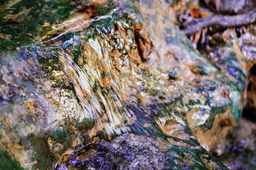 Closeup of stream water texture running on rock.