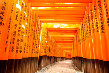 red wooden Tori Gate at Fushimi Inari Shrine in Kyoto, Japan