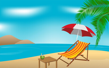 Fototapeta na wymiar Beach hammocks, chairs and beach tables for summer holidays under the coconut trees by the sea beach.