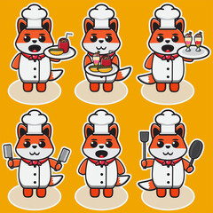 Vector illustration of cute Fox Chef cartoon. Cute fox expression character design bundle. Good for icon, logo, label, sticker, clipart.