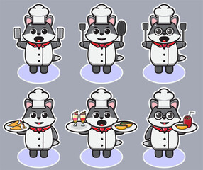 Vector illustration of cute Grey Wolf Chef cartoon. Cute Wolf expression character design bundle. Good for icon, logo, label, sticker, clipart.