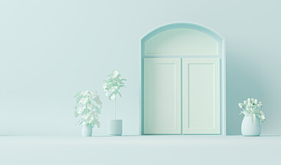 Door and window, plant concept in plain monochrome pastel blue color. Light background with copy space. 3D rendering for web page, presentation or picture frame backgrounds, minimalist
