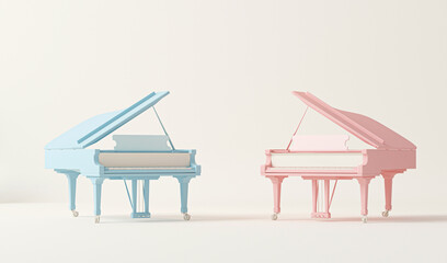 Blue and pink grand piano on pastel background. Minimal idea, couple concept. Trendy 3d rendering for social media banners, promotion, stage show, studio.