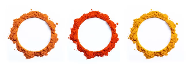 Fotobehang set of spices powders, coriander, Chilli pepper and turmeric pile arranged in round blank frame and border circle isolated on white background, top view © Vipin