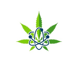 Cannabis leaf with atom symbol inside