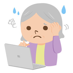高齢者のイラスト。ノートパソコンの操作に困ってる女性のお年寄り。