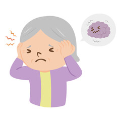 Obraz premium 病気の高齢者のイラスト。頭が痛い女性のお年寄り。