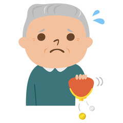 高齢者のイラスト。お金が入ってないがま口の財布を振って困ってる男性のお年寄り。