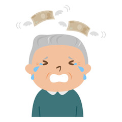 高齢者のイラスト。紙幣が飛んで行って、泣いてる男性のお年寄り。