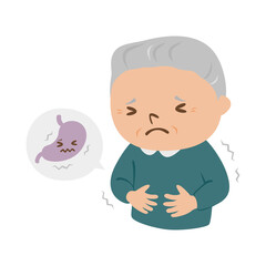 病気の高齢者のイラスト。胃が痛い男性のお年寄り。