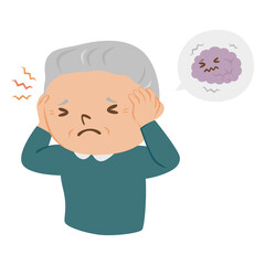病気の高齢者のイラスト。頭が痛い男性のお年寄り。
