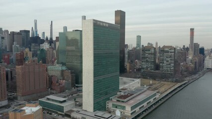 flying counter clockwise around UN headquarters in NYC