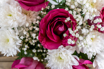 Bouquet of flowers Pink roses and white chrysanthemums