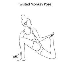Twisted monkey pose yoga workout outline. Healthy lifestyle vector illustration