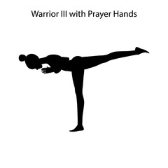 Warrior III with prayer hands pose yoga workout silhouette