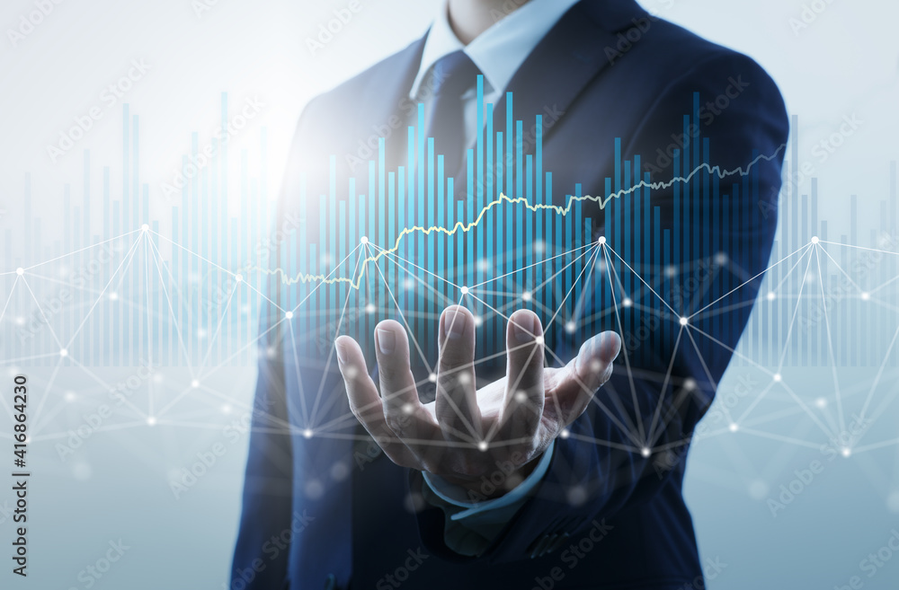 Poster Businessperson analyzing data. Technology and business analysis. Blue graph and network structure.