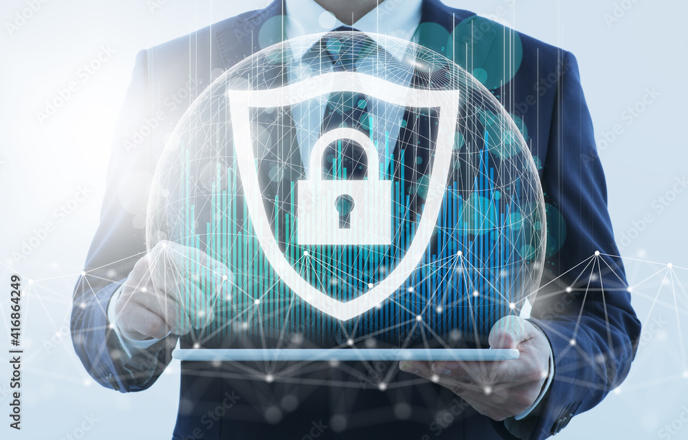 Poster Computer security. Business person using tablet computer. Data protection system. Network structure and shield icon.