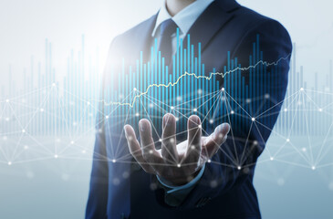 Businessperson analyzing data. Technology and business analysis. Blue graph and network structure.