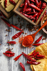 Chili powder in wooden spoon and dry pepper on grey wooden table