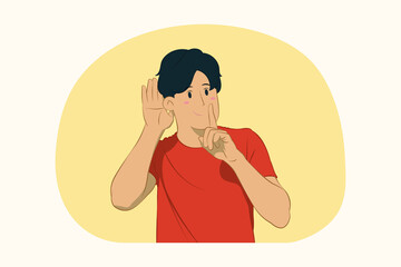 Young man standing saying hush be quiet with finger on lips shhh gesture concept