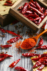 Chili powder in wooden spoon and dry pepper on grey wooden table