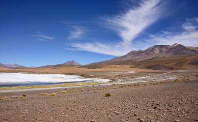 Beautiful landscape view along the Laguna Hedionda, Salar de Uyuni, Bolivia