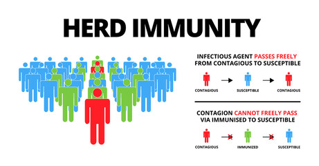 Group of people with Herd immunity text.Concept of herd immunity or a group of people who are infected with the infected person as a virus spread in society.Vector illustration.Flat style infographic.