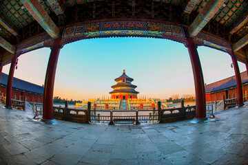 The temple of heaven in Beijing, China, The text is translated as "QiNianDian"