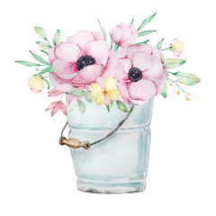 Watercolor metal blue bucket with wooden handle, © SvetaArt