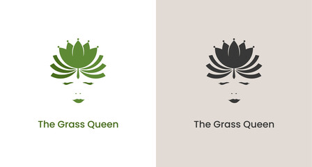 Fototapeta na wymiar silhouette of a woman wearing the crown of leaves, nature queen logo, marijuana queen logo vector