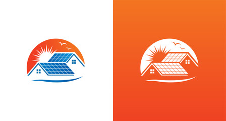 Home solar panel logo, modern home with solar panel roof with the sunshine background logo template