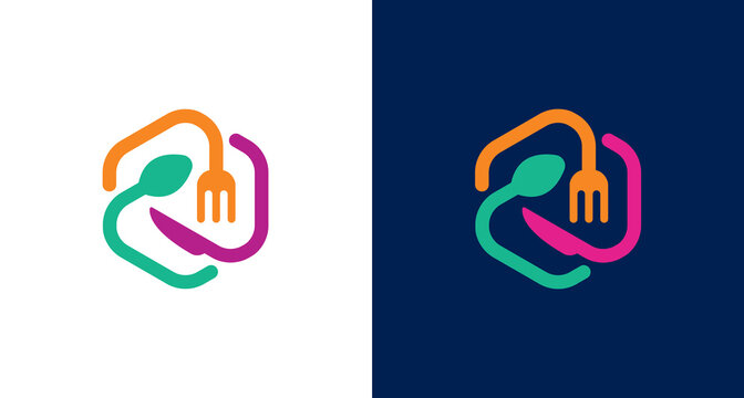 Spoon, fork, knife logo. Food blend icon, modern hexagonal eating tools logo vector template