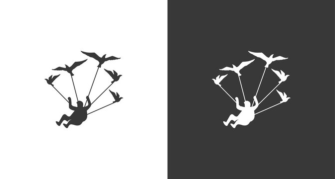 skydiver logo, the silhouette of a flying man with birds, a parachuting man with birds logo