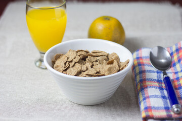 breakfast with cereal fruits and juice