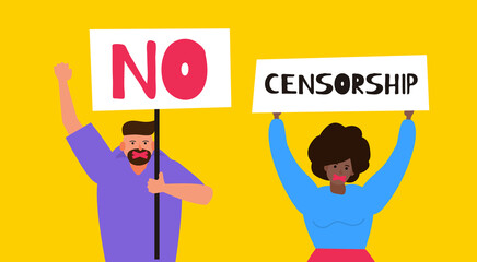 no censorship protest concept .censored man and woman with tape on the mouth holding placard vector illustration