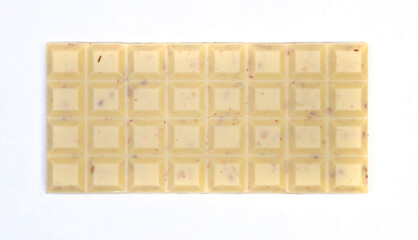 sweet and delicious whole chocolate bar is lying on white background, photo taken from above