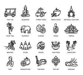 Thailand icon set - collection of vector thin line style icons, Thai national symbols