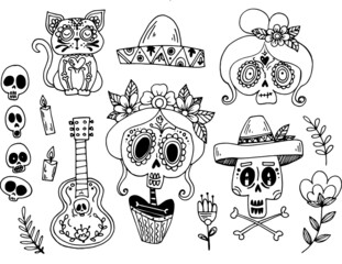 vector illustration day of the dead in mexico / icons, stickers, postcards, doodle, hand drawing
